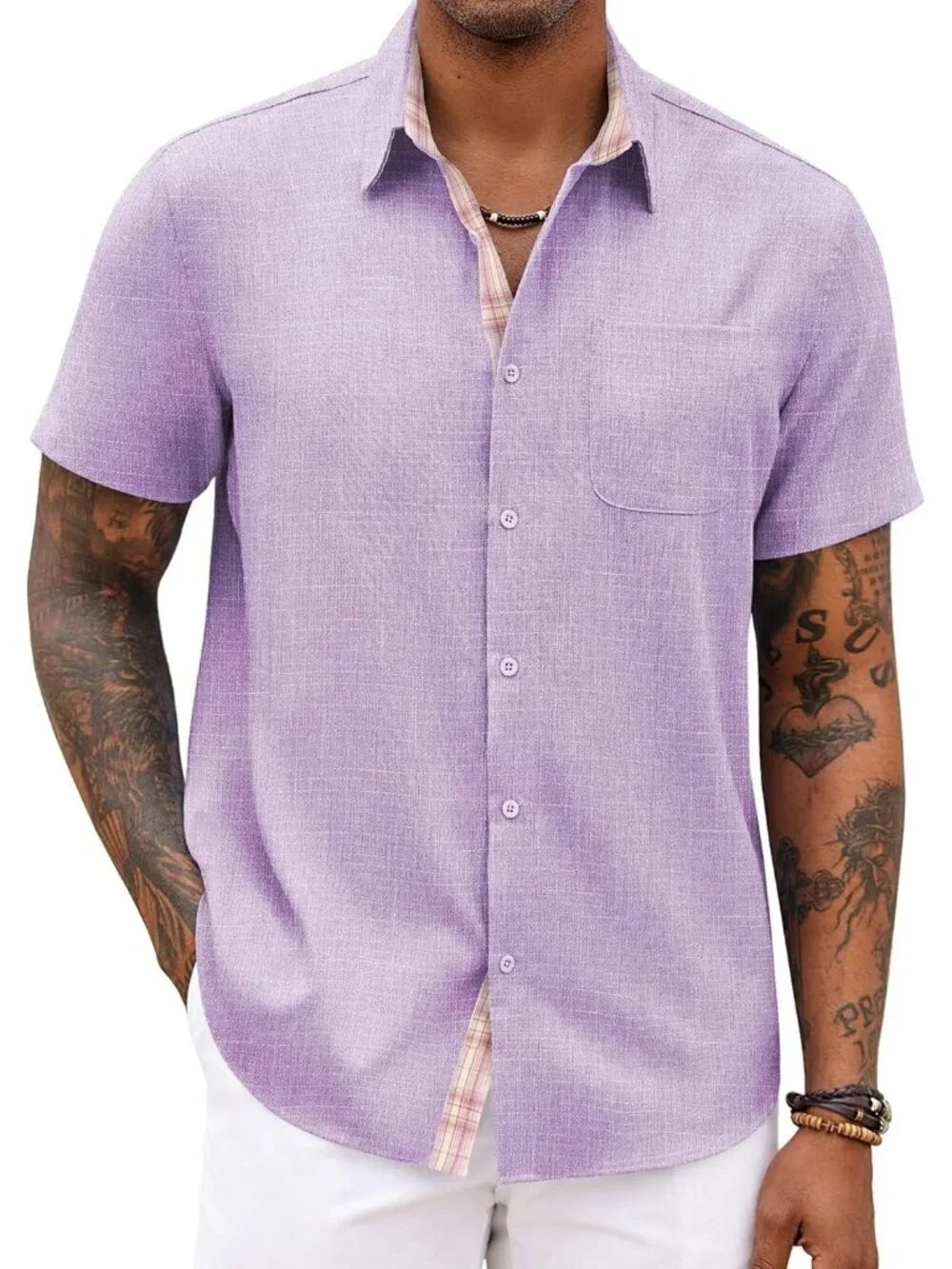 Men's Light Purple Short Sleeve Casual Summer Breathable Button Down Shirts